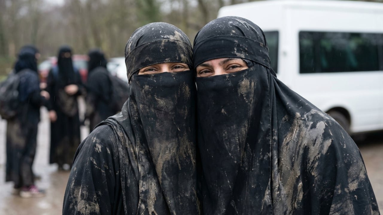 Two muddy Muslim women pose for the camera at the end of their challenge