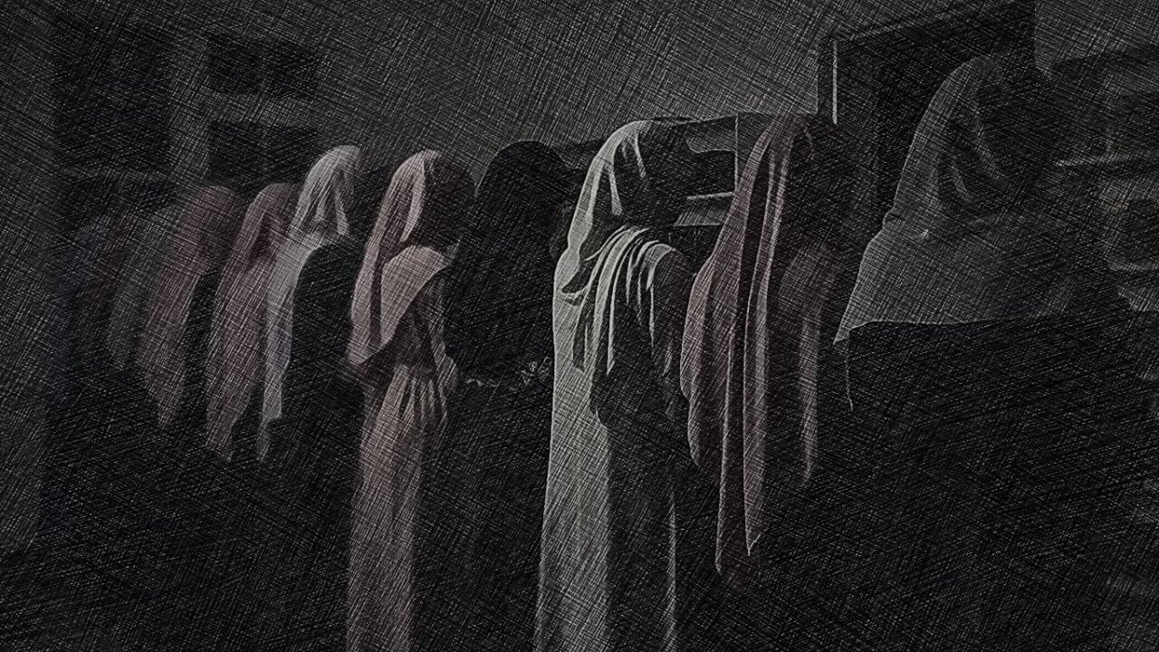 Artwork depicting a group of Muslim women standing in prayer together at night