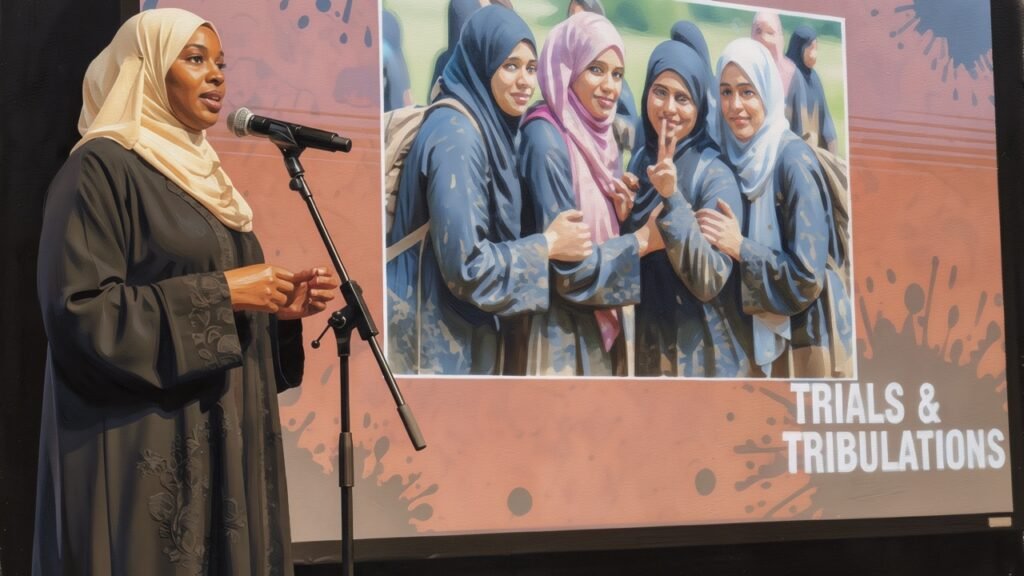 Painting depicting a Muslim woman delivering a presentation in front of an audidence