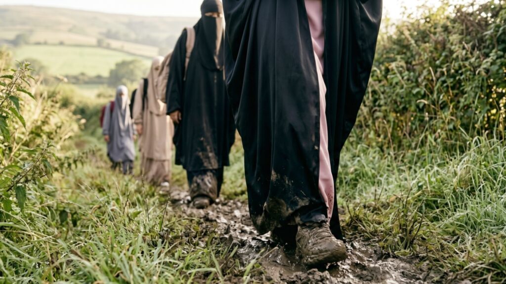 A group of Muslim women trek along a countryside path early morning.