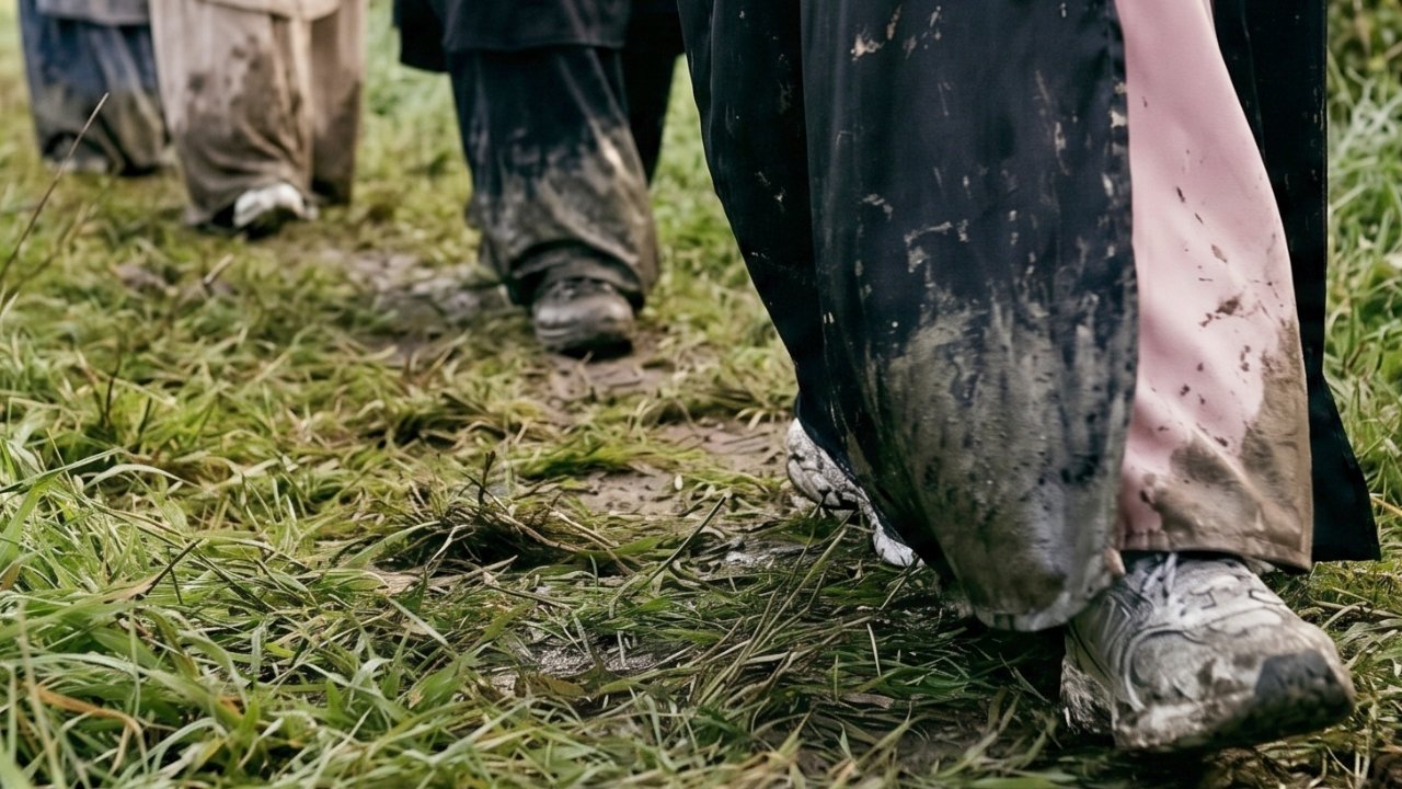 A group of Muslim women wearing abaya trek through a countryside field.
