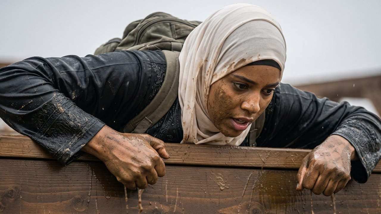A young Muslim mum conquers a tall fence obstacle during her fundraising challenge.