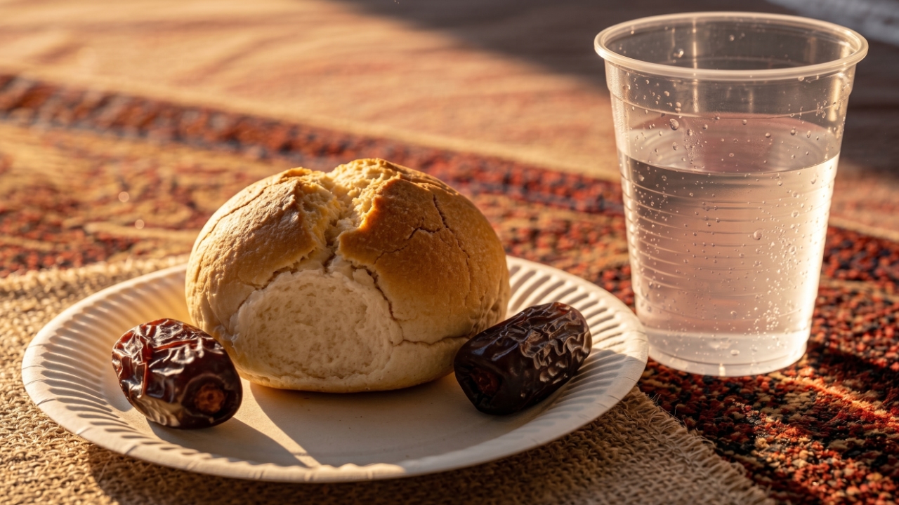 A paper plate with a bread roll and two dates, and a cup of water