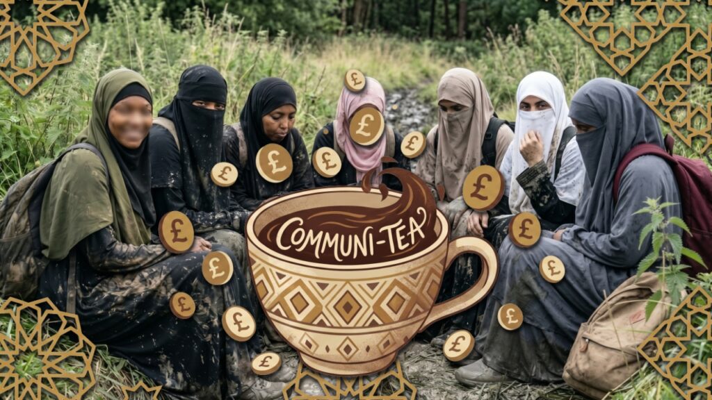 A group of muddy Muslim women rest during their Trials & Tribulations challenge, superimposed with a stylised illustration of a tea cup