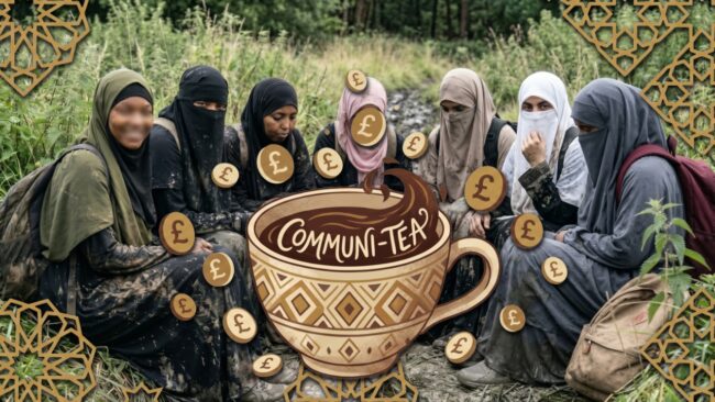A group of muddy Muslim women rest during their Trials & Tribulations challenge, superimposed with a stylised illustration of a tea cup