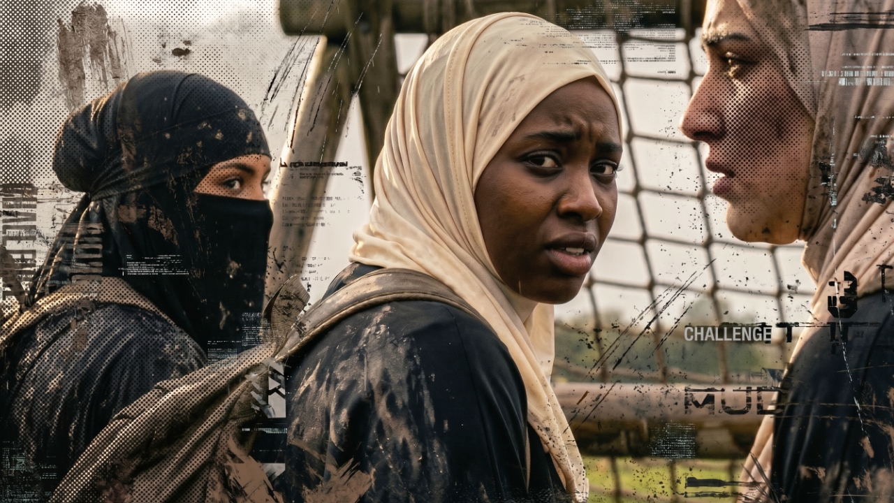Three muddy Muslim mums participating in the Trials & Tribulations challenge
