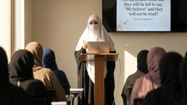An alimah delivers a lecture to who students
