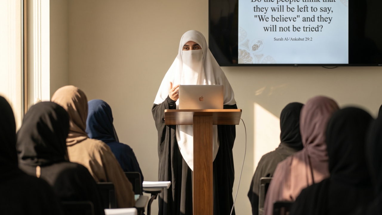 An alimah delivers a lecture to who students