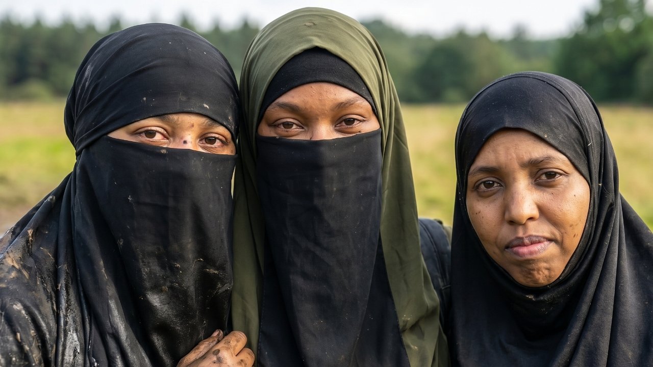 Three Muslim women pause during their challenge