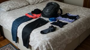 Photo of kit being packed into a rucksack.