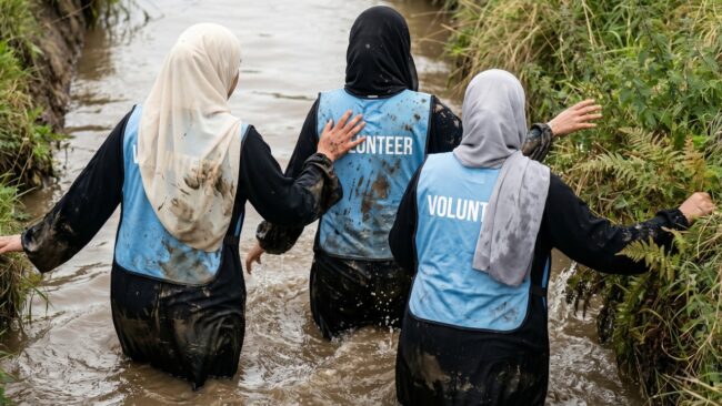 A group of Muslim charity volunteers wade through muddy water during a fundraising challenge.