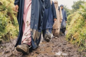 Painting depicting a group of Muslim women walking along a muddy path single-file