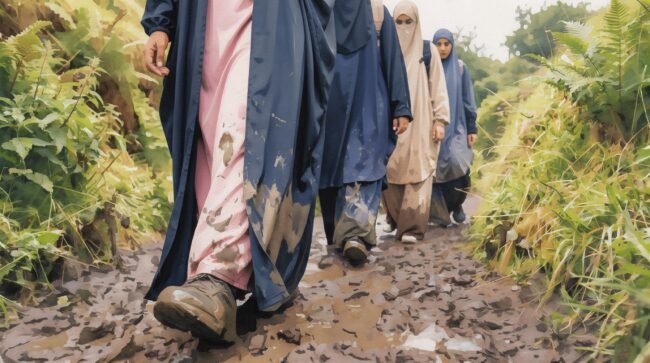 Painting depicting a group of Muslim women walking along a muddy path single-file