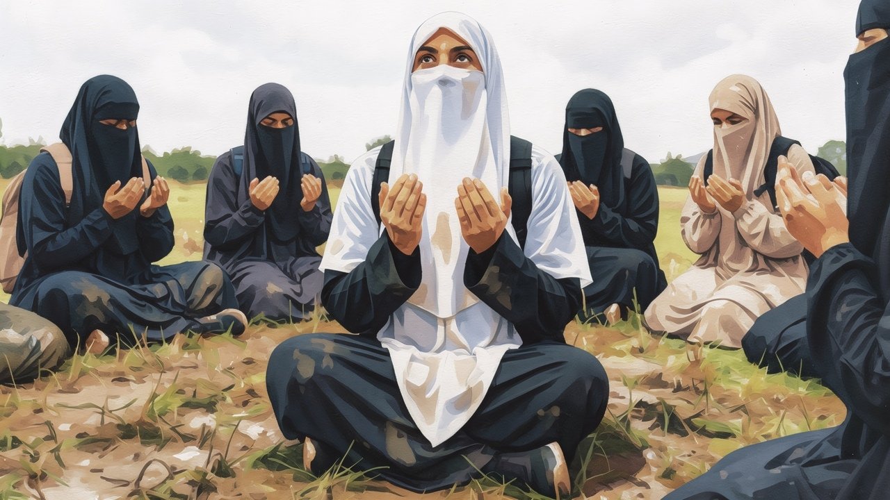 A painting depicting a group of Muslim women making dua during their challenge event