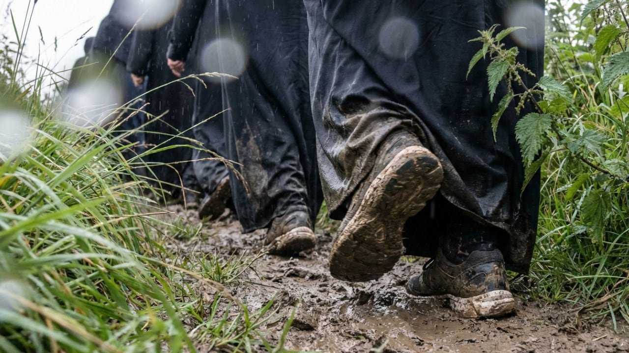 A group of Muslim women trek along a muddy path